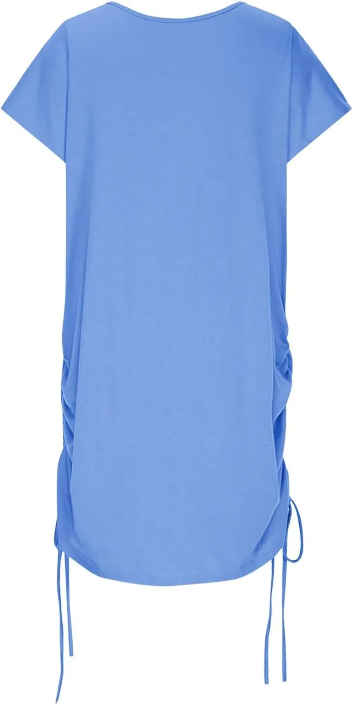 hlysgo Dresses for Women 2025 Summer Side Shirring Short Sleeve V Neck Mini Dresses Casual Cutout Back Beach Coverup Dress