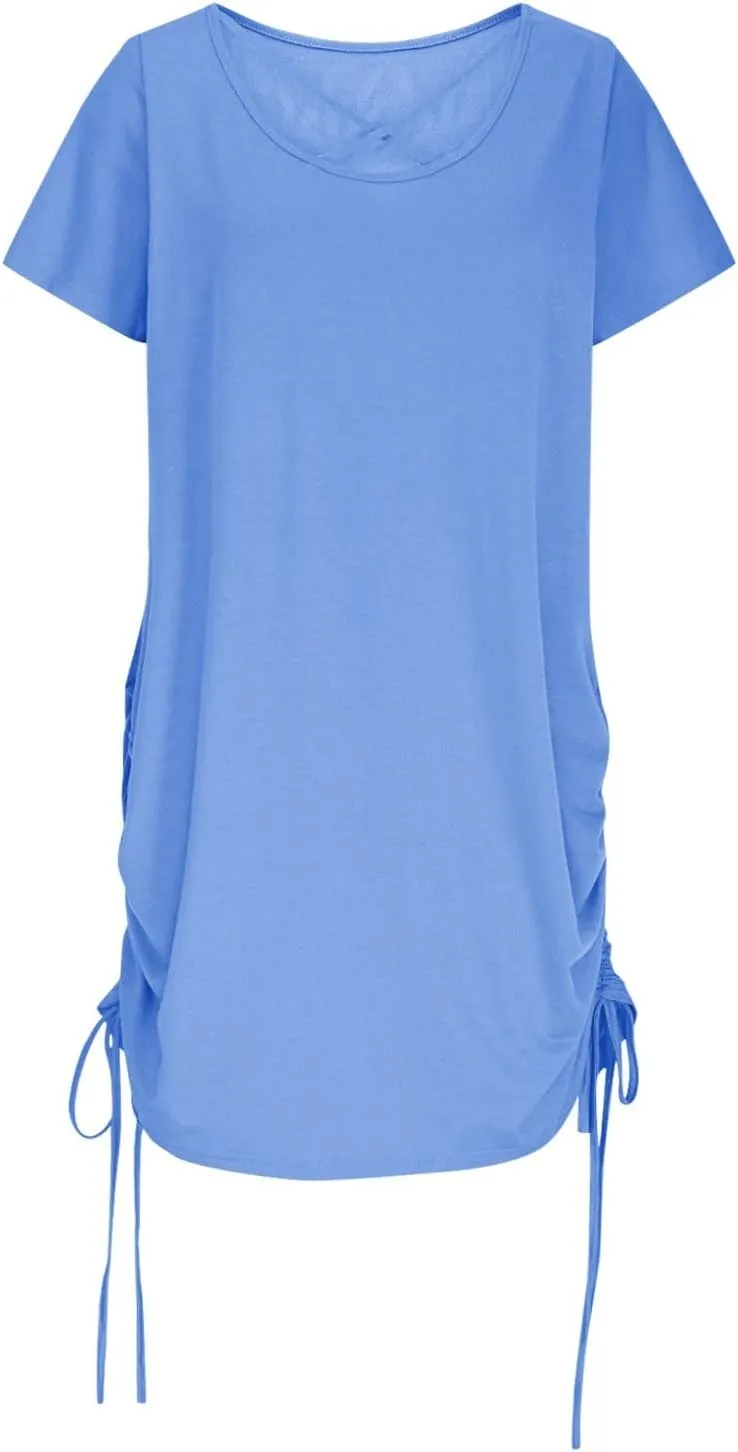 hlysgo Dresses for Women 2025 Summer Side Shirring Short Sleeve V Neck Mini Dresses Casual Cutout Back Beach Coverup Dress