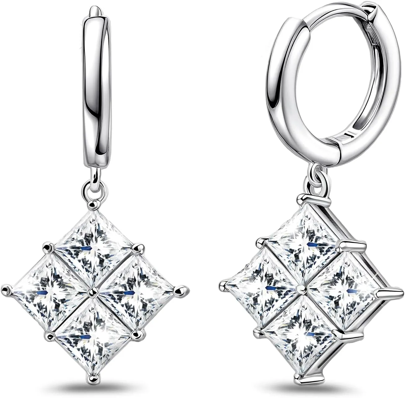 Hoop Earring with Dangle Square - Sterling Silver Hoop Earrings for Women Trendy Hypoallergenic Loop Earrings with Dangling Charm for Sensitive Ears Cubic Zirconia Fashion Huggie Earring Birthday Gift