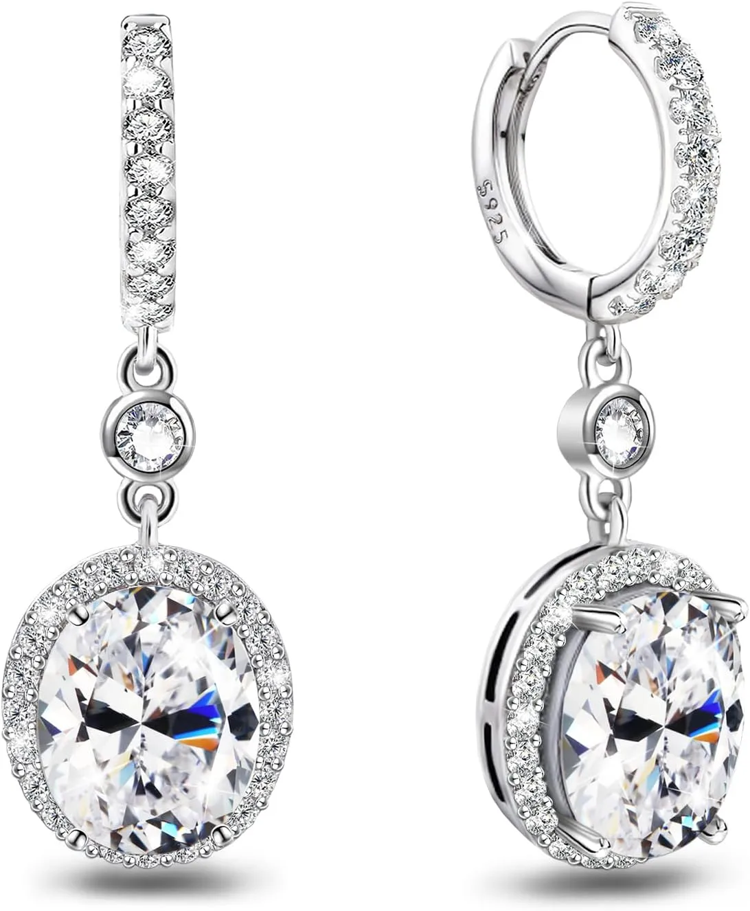 Hoop Earrings with Charms for Women Trendy - Sterling Silver Hypoallergenic Loop Earrings with Dangling Oval Cubic Zirconia Huggie Bridal Earrings with Dangle Classic Fashion Earring Christmas Gifts