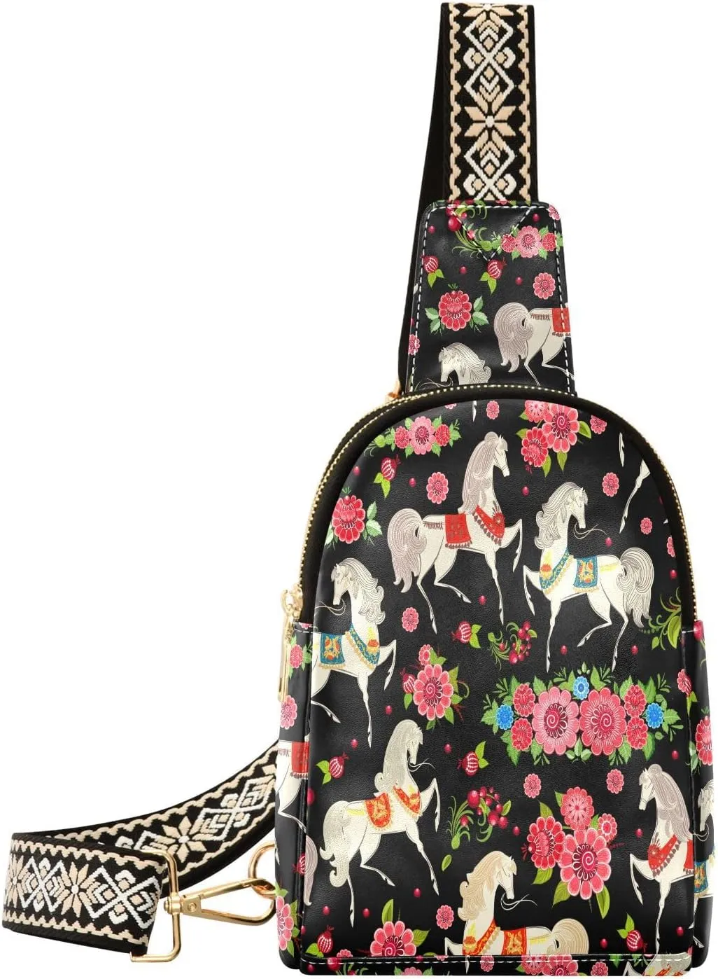 Horses in Flowers Fanny Pack Crossbody PC Leather Small Sling Bag for Women Fashion Waist Packs Chest Bag for Travel Sports Running Hiking