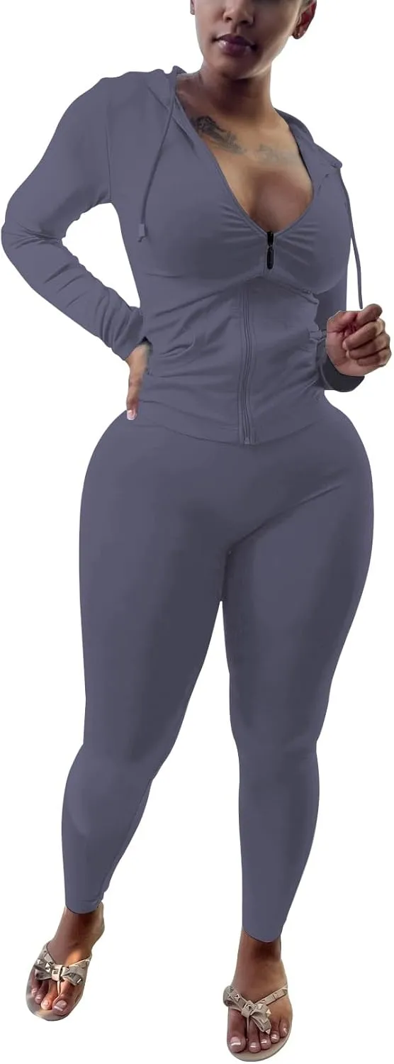 HTD Two Piece Outfits For Women Long Sleeve Tracksuit Bodycon Workout Set Jogger Sets