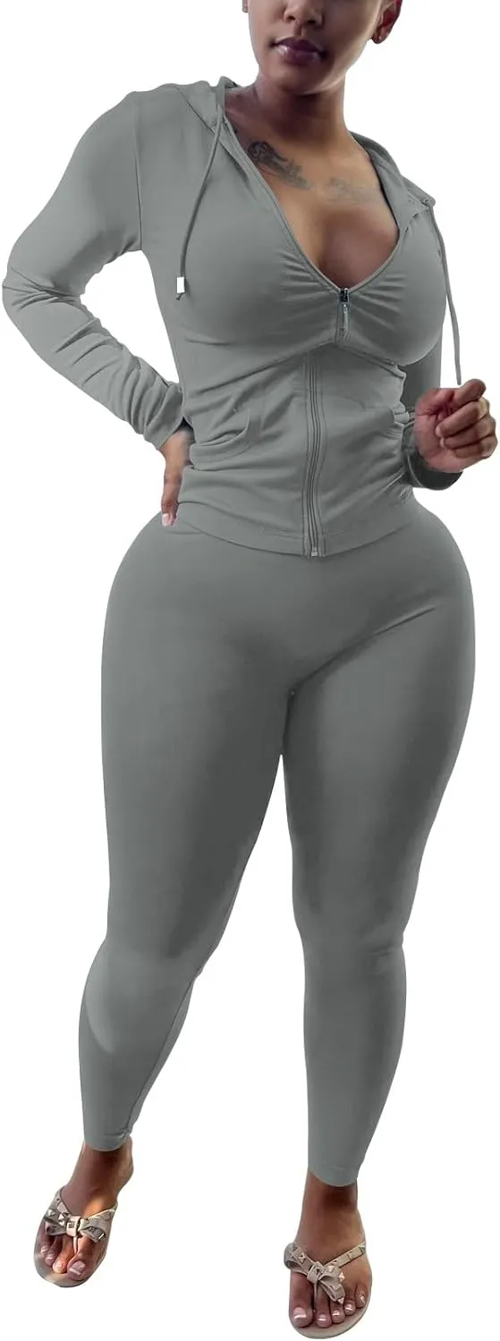 HTD Two Piece Outfits For Women Long Sleeve Tracksuit Bodycon Workout Set Jogger Sets