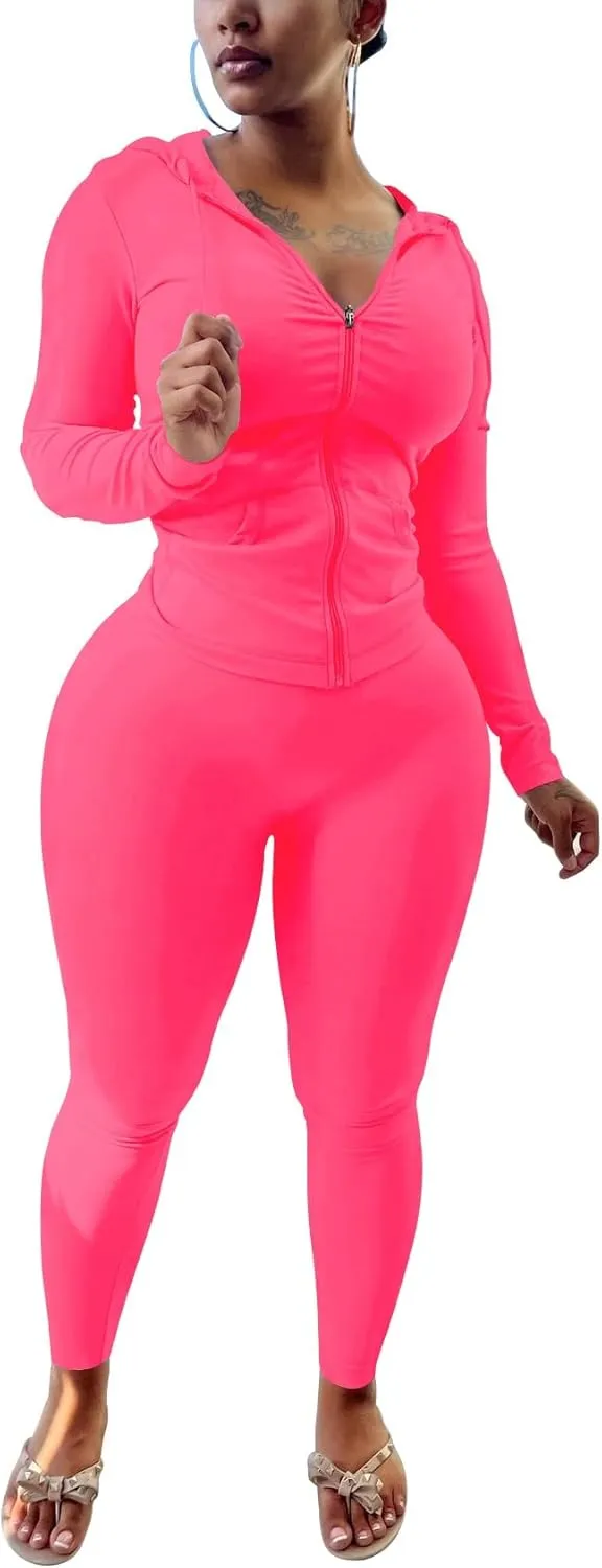 HTD Two Piece Outfits For Women Long Sleeve Tracksuit Bodycon Workout Set Jogger Sets