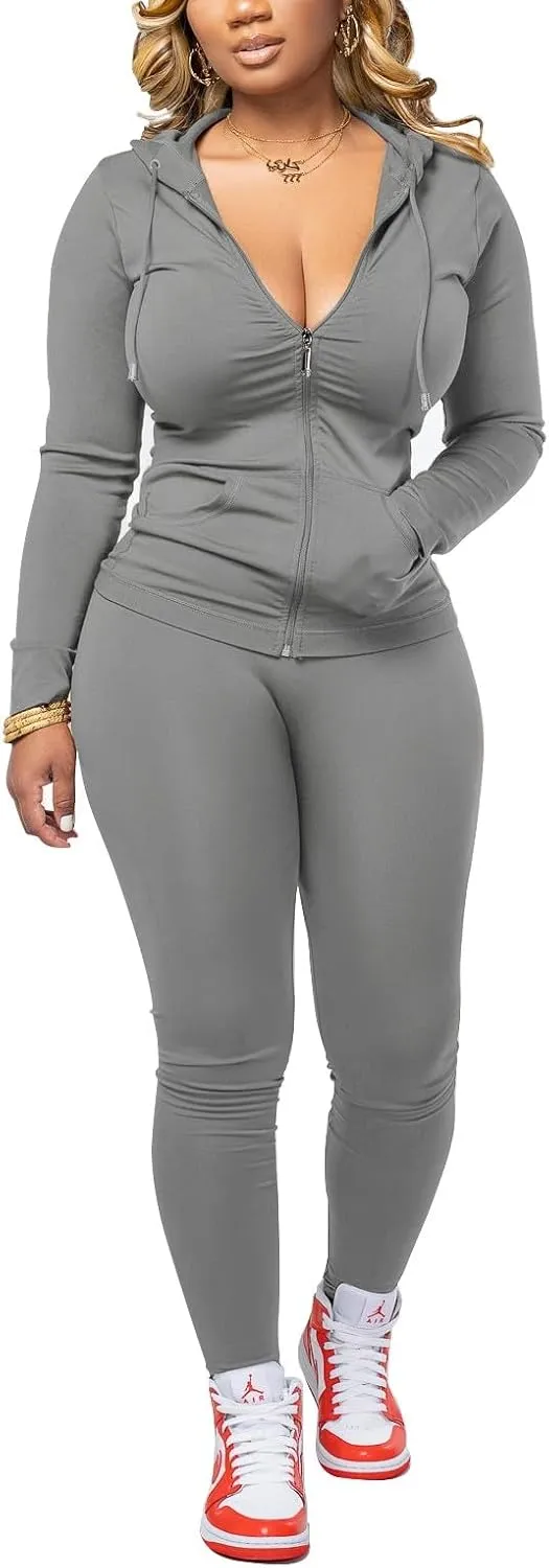 HTD Two Piece Outfits For Women Long Sleeve Tracksuit Bodycon Workout Set Jogger Sets
