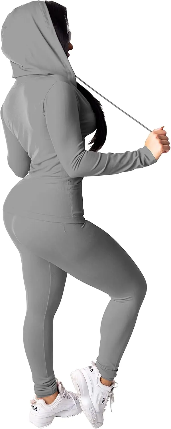 HTD Two Piece Outfits For Women Long Sleeve Tracksuit Bodycon Workout Set Jogger Sets