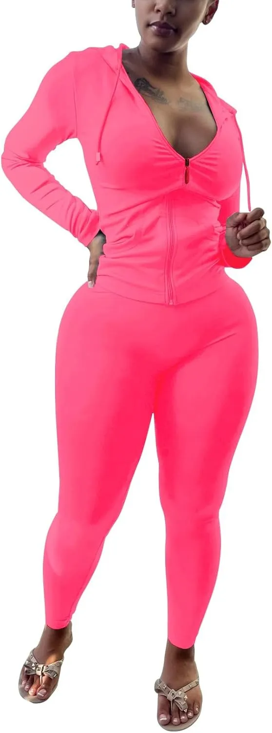 HTD Two Piece Outfits For Women Long Sleeve Tracksuit Bodycon Workout Set Jogger Sets