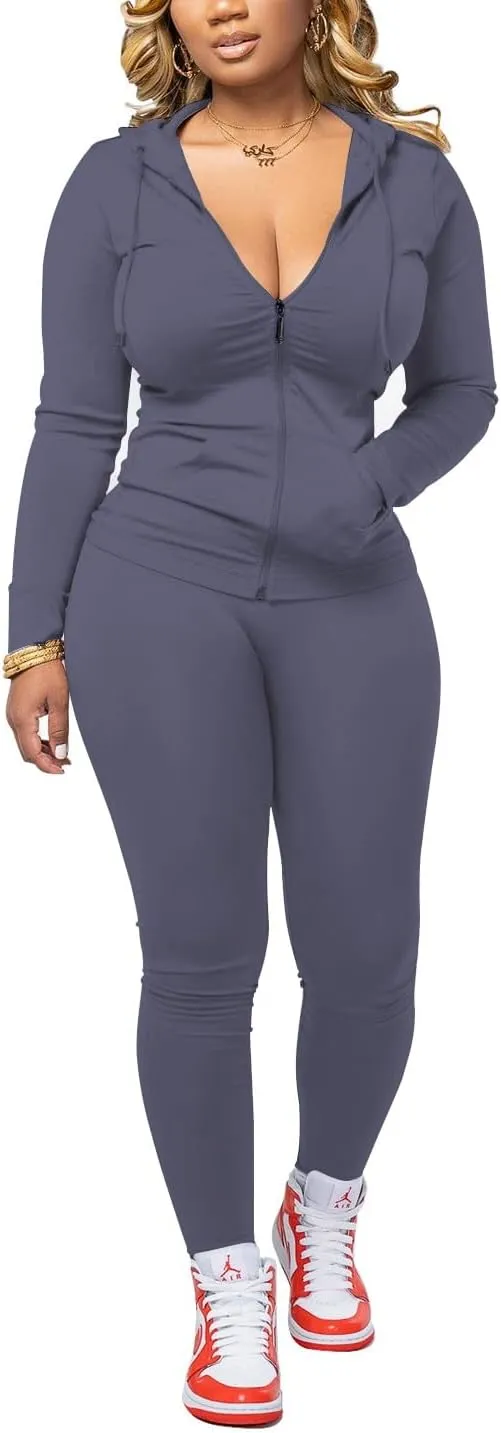 HTD Two Piece Outfits For Women Long Sleeve Tracksuit Bodycon Workout Set Jogger Sets