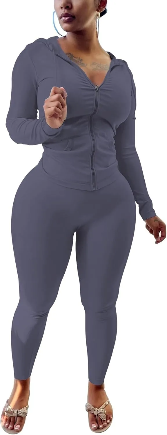 HTD Two Piece Outfits For Women Long Sleeve Tracksuit Bodycon Workout Set Jogger Sets