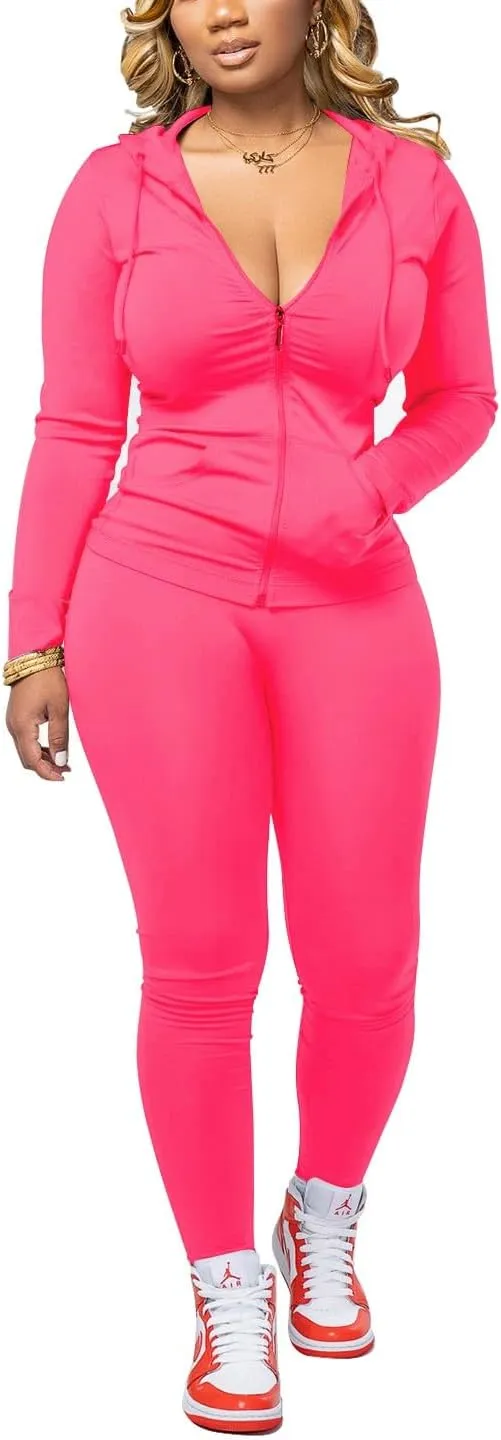 HTD Two Piece Outfits For Women Long Sleeve Tracksuit Bodycon Workout Set Jogger Sets