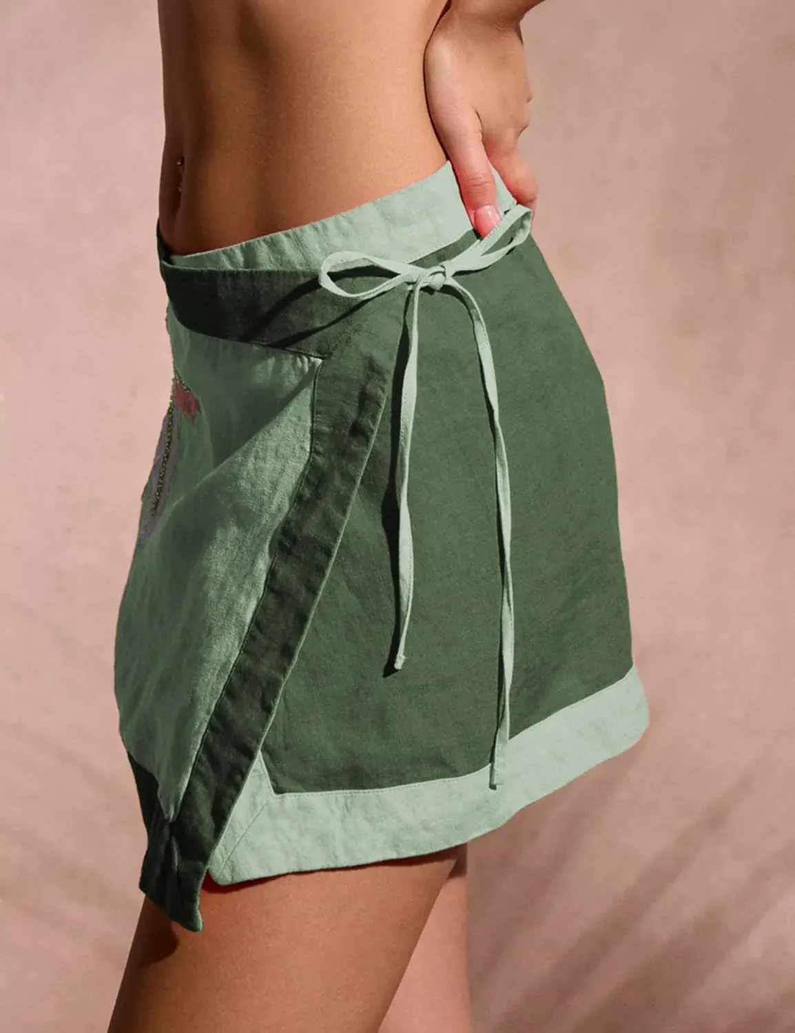 Huaqiao Women's Embroidered Wrap Mini Skirt Summer Cotton Linen Tie Side High Waist A Line Beach Boho Short Skirt