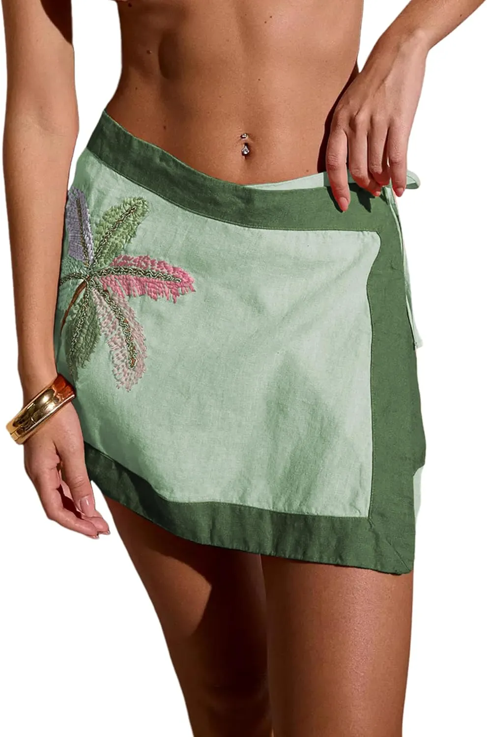 Huaqiao Women's Embroidered Wrap Mini Skirt Summer Cotton Linen Tie Side High Waist A Line Beach Boho Short Skirt