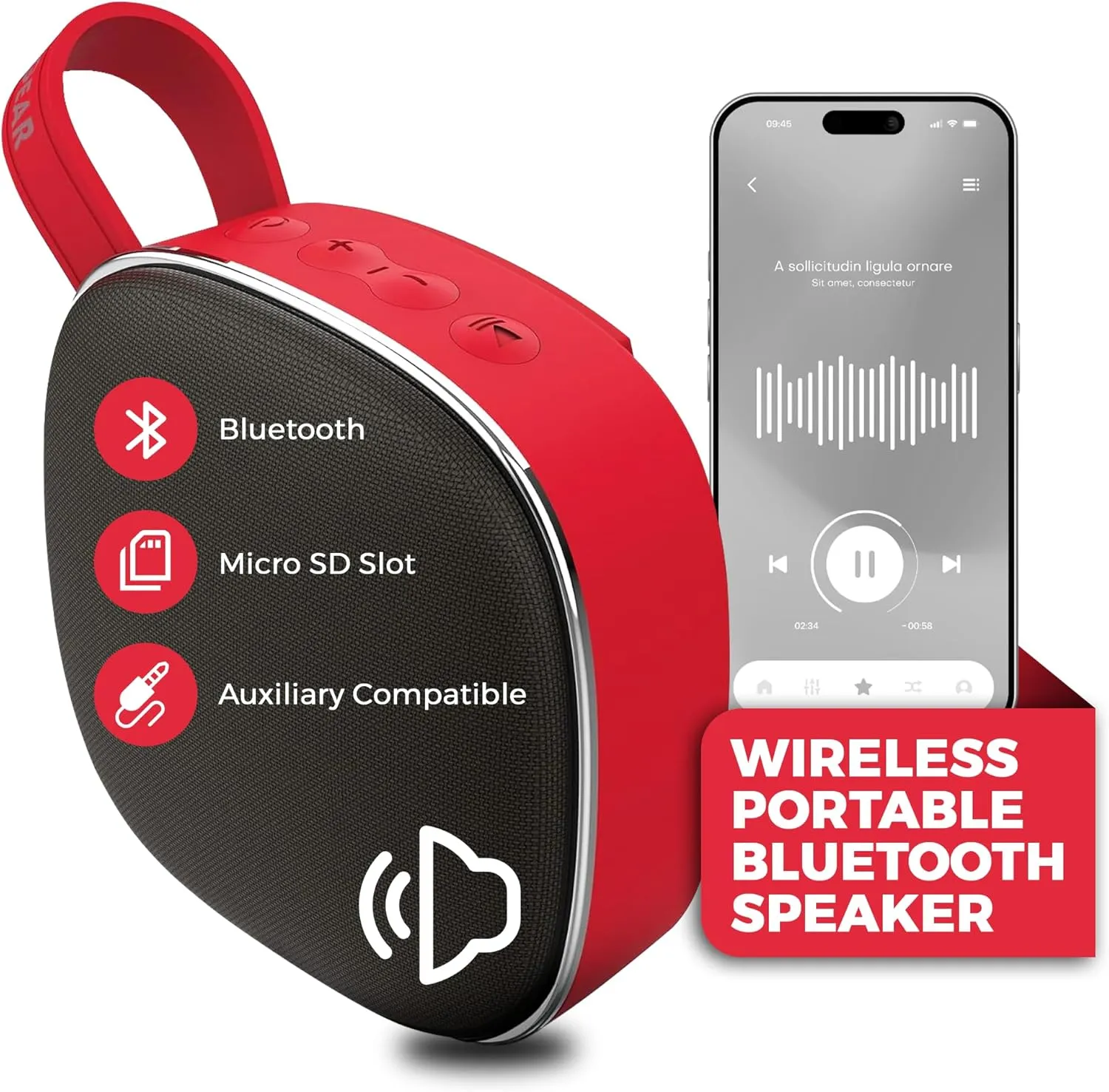 HyperGear Bluetooth Speaker - Portable Bluetooth Speakers with Powerful Loud HD Stereo Sound, Built-in Mic to Take Calls Stream Music Indoor, Outdoor, Portable Speaker- Red