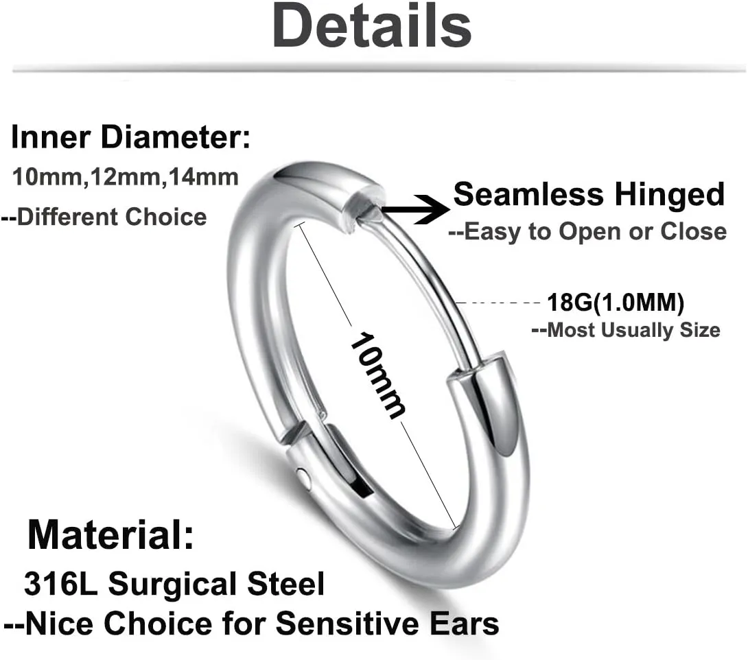 Hypoallergenic Titanium Steel Loop Earrings Set for Men Women Huggie Hoop Cartilage Piercing 18G