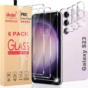 iAnder 3 Pack Glass Screen Protector for Galaxy S23, 3 Pack Camera Lens Protector with Easy Installation Tray, Supports Fingerprint Sensor, HD Retina Clarity, Case Friendly