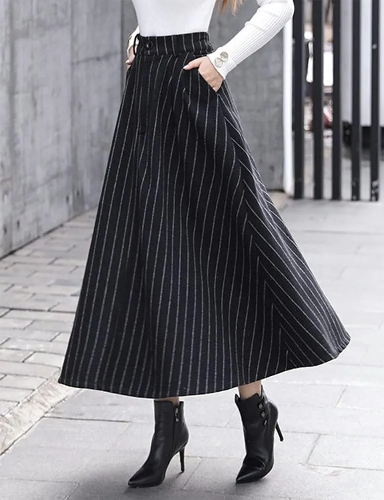 IDEALSANXUN Long Wool Skirts for Womens Fall Winter High Waist Vintage Pleated Skirts