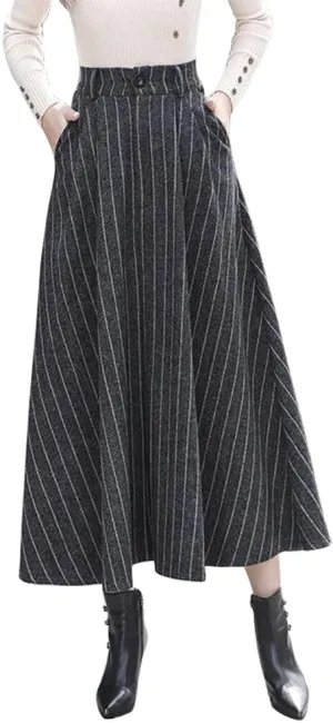 IDEALSANXUN Long Wool Skirts for Womens Fall Winter High Waist Vintage Pleated Skirts