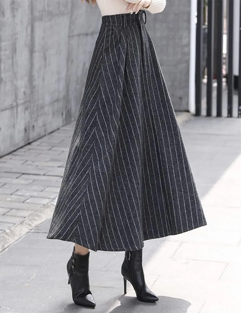 IDEALSANXUN Long Wool Skirts for Womens Fall Winter High Waist Vintage Pleated Skirts