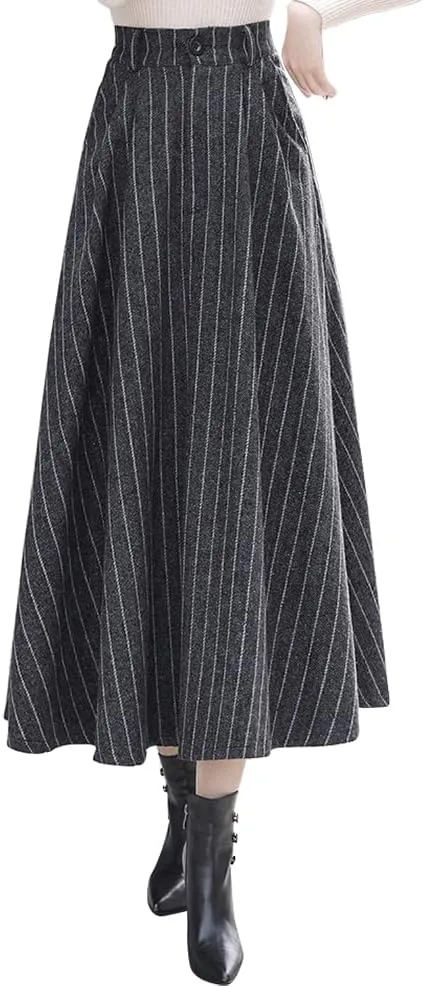 IDEALSANXUN Long Wool Skirts for Womens Fall Winter High Waist Vintage Pleated Skirts