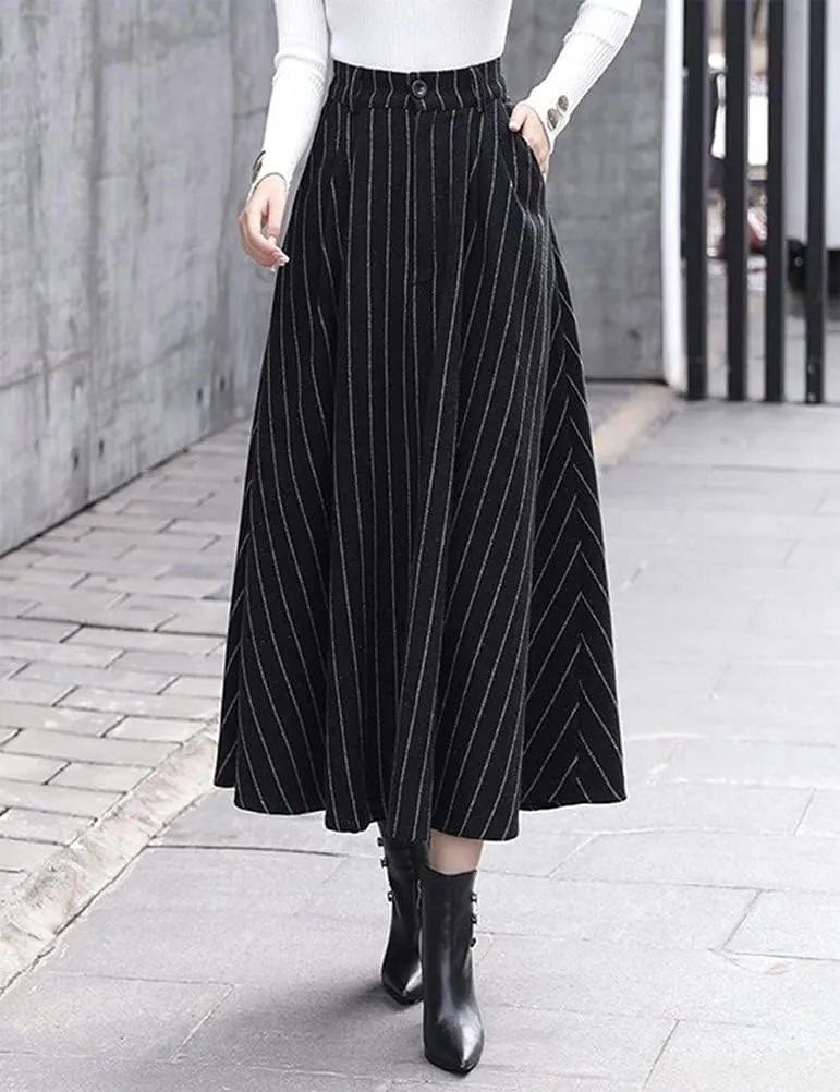 IDEALSANXUN Long Wool Skirts for Womens Fall Winter High Waist Vintage Pleated Skirts