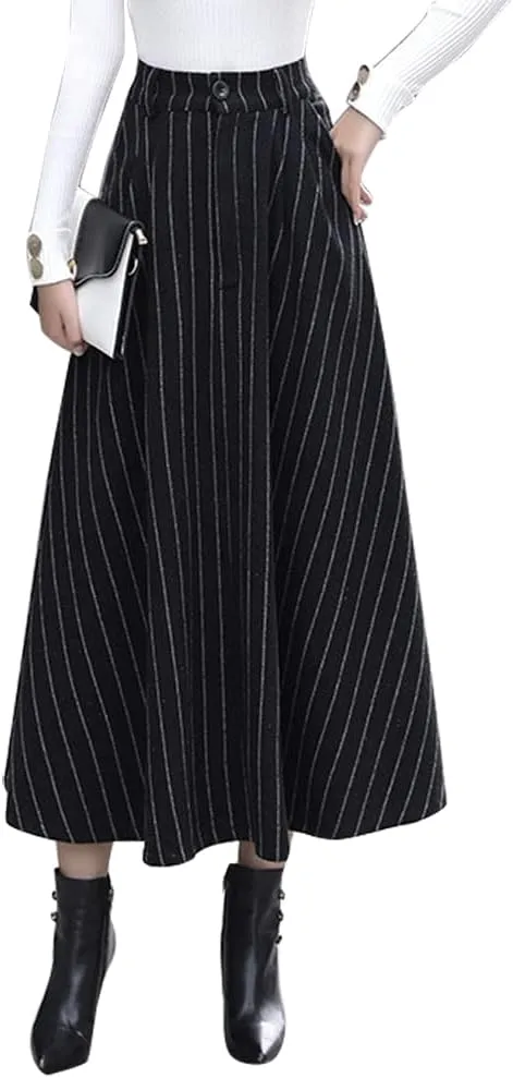 IDEALSANXUN Long Wool Skirts for Womens Fall Winter High Waist Vintage Pleated Skirts