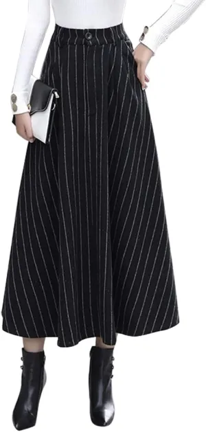 IDEALSANXUN Long Wool Skirts for Womens Fall Winter High Waist Vintage Pleated Skirts