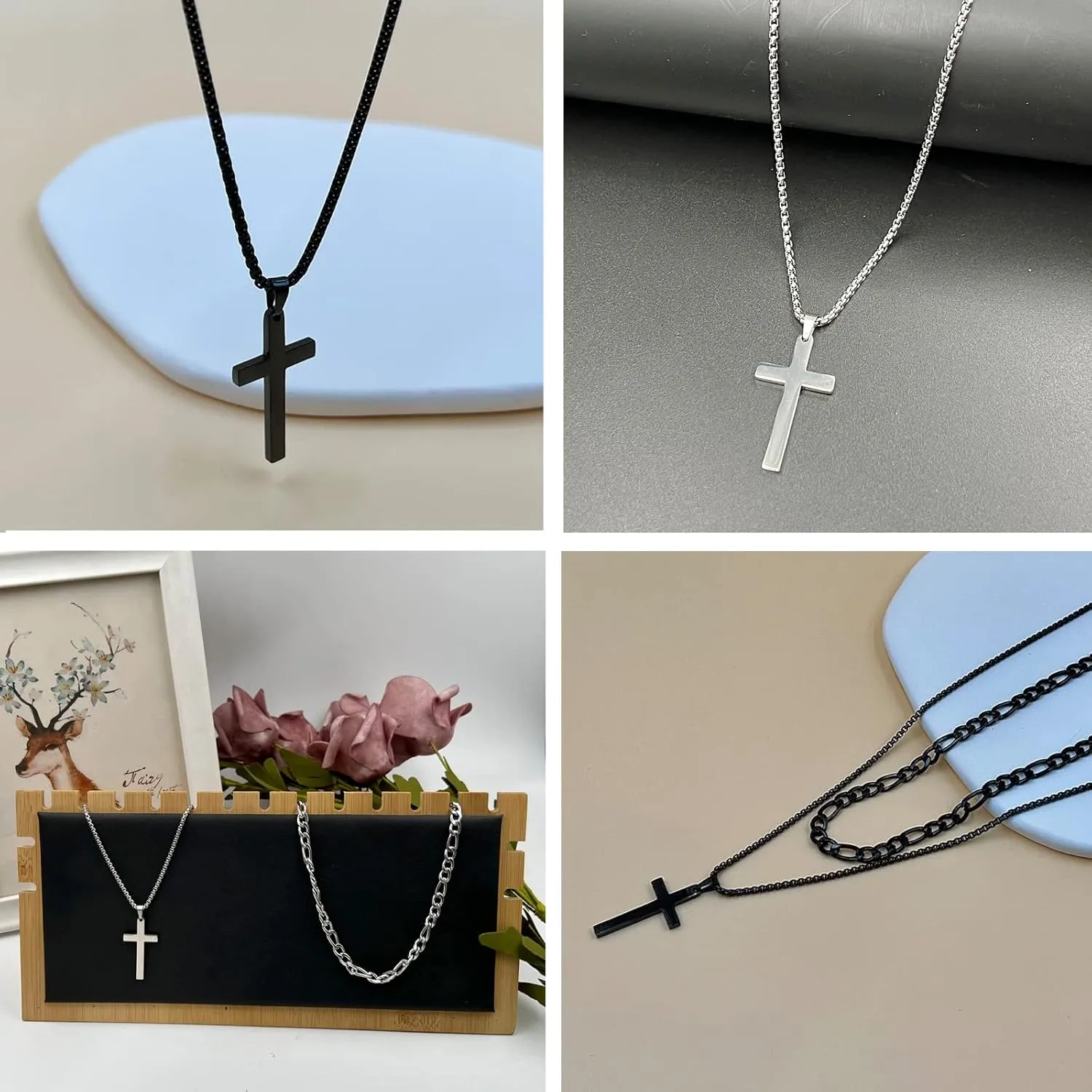 INENIMARTJ Layered Cross Necklace for Men,Stainless Steel Cross Pendant Necklaces Layered Figaro Chain Rolo Chain Faith Cross Necklace for Women 16 18 20 22 24 Inches Necklaces