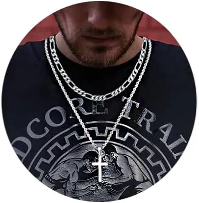 INENIMARTJ Layered Cross Necklace for Men,Stainless Steel Cross Pendant Necklaces Layered Figaro Chain Rolo Chain Faith Cross Necklace for Women 16 18 20 22 24 Inches Necklaces