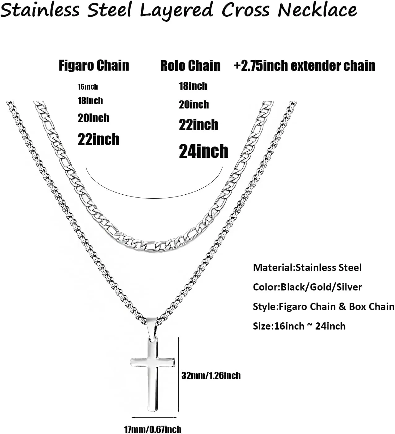 INENIMARTJ Layered Cross Necklace for Men,Stainless Steel Cross Pendant Necklaces Layered Figaro Chain Rolo Chain Faith Cross Necklace for Women 16 18 20 22 24 Inches Necklaces