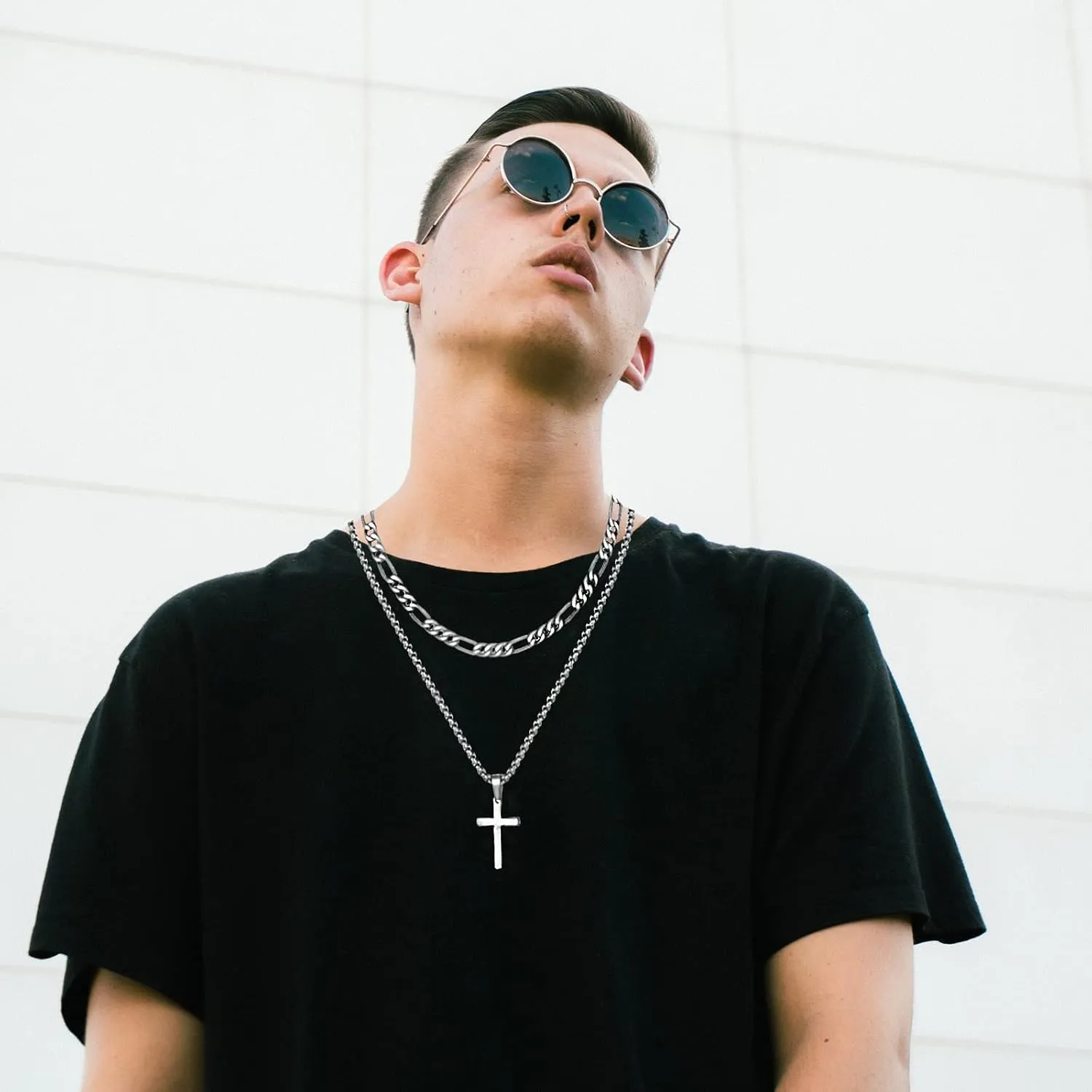 INENIMARTJ Layered Cross Necklace for Men,Stainless Steel Cross Pendant Necklaces Layered Figaro Chain Rolo Chain Faith Cross Necklace for Women 16 18 20 22 24 Inches Necklaces