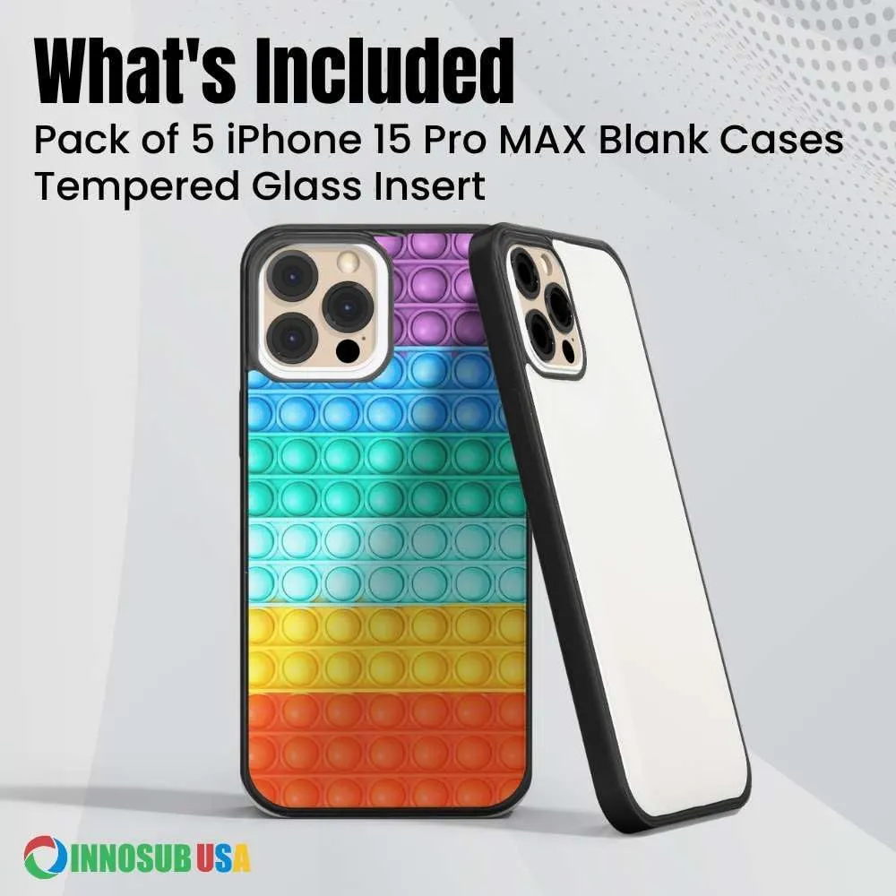 INNOSUB USA Sublimation Phone Cases Set of 5Pcs  Protective Case Compatible with iPhone 15 Pro MAX Includes Tempered Glass Inserts  Cell Phone Case Supports Wireless Charging Black