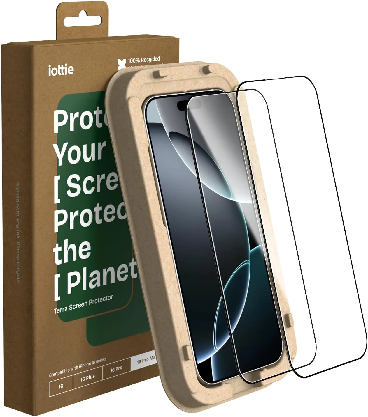 iOttie Terra Screen Protector for iPhone 16 Pro Max with 2 9H Tempered Glass Screen Protectors and Eco-Friendly Reusable Alignment Tray