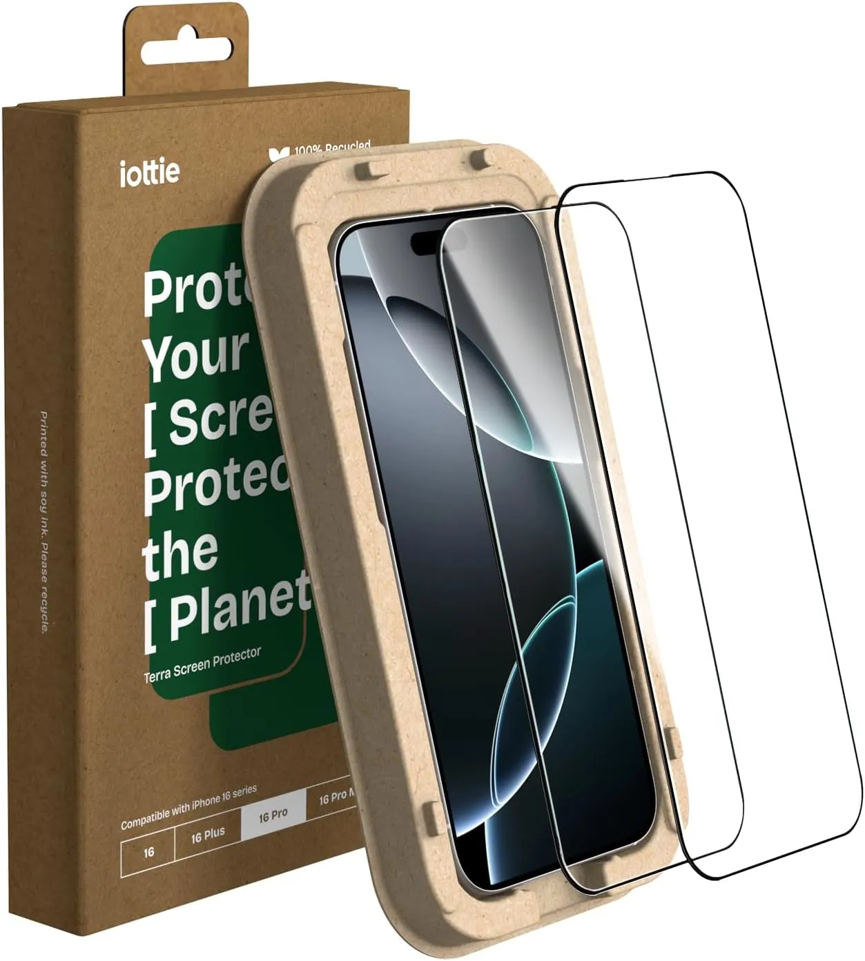 iOttie Terra Screen Protector for iPhone 16 Pro with 2 9H Tempered Glass Screen Protectors and Eco-Friendly Reusable Alignment Tray