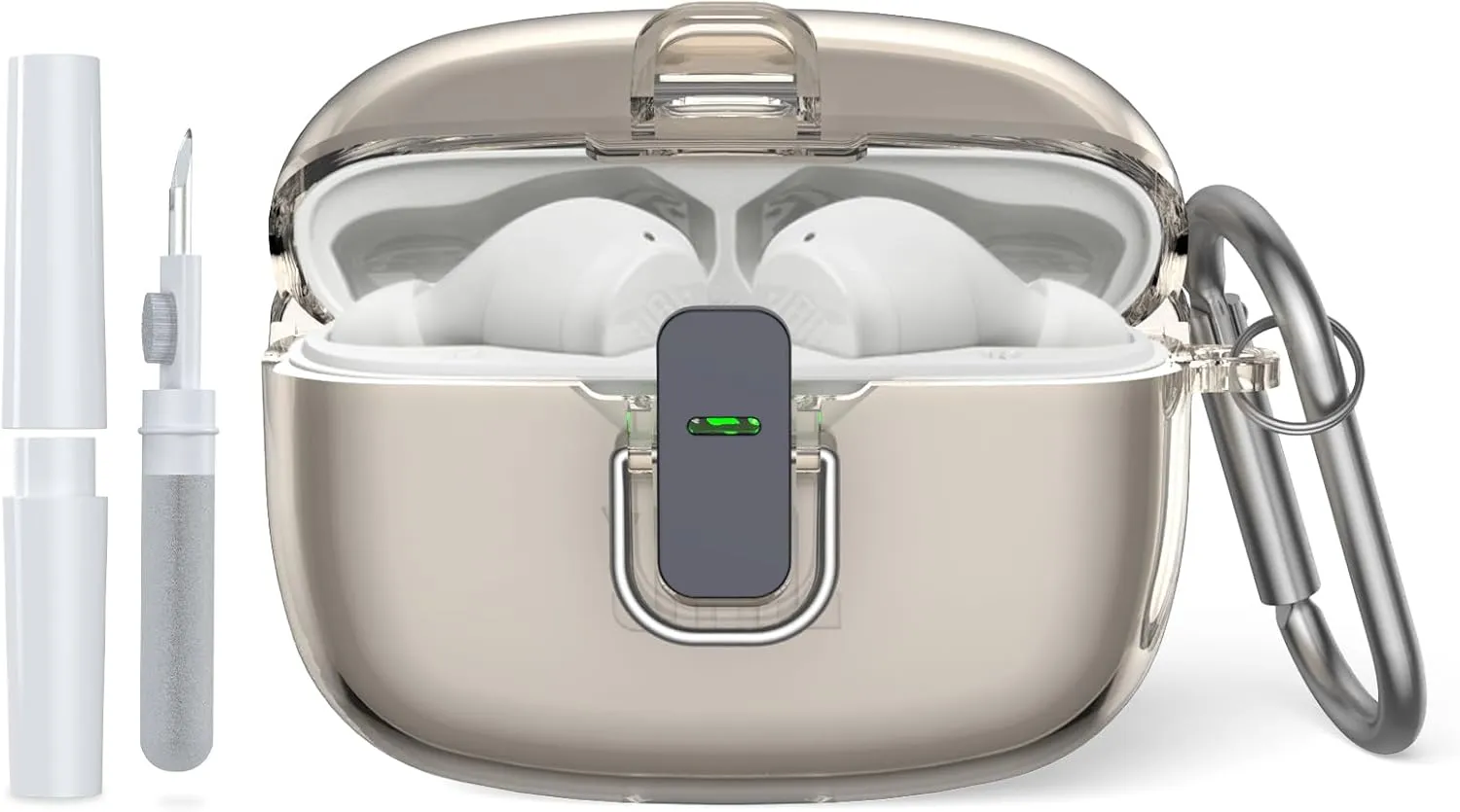 JBL Vibe 200TWS/Beam Secure Lock TPU Protective Case Cover With Carabiner and Cleaner Kit (Clear Grey), PEI-D46-1