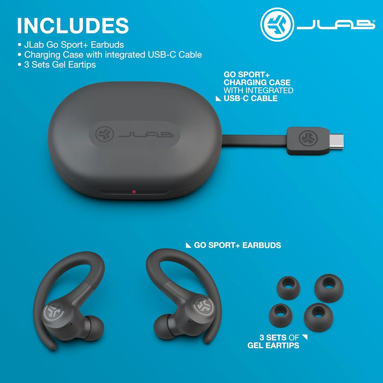 JLab Go Sport  Wireless Workout Earbuds Featuring C3 Clear Calling, Secure Earhook Sport Design, 35  Hour Bluetooth Playtime, and 3 EQ Sound Settings (Graphite)