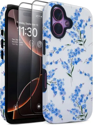 J.west for iPhone 16 Plus Case 6.7" with 2 Pack Tempered Glass Screen Protectors Cute Floral Flowers Hybrid Cover for Girls Women Aesthetic Protective Phone Cases Blue Blossom