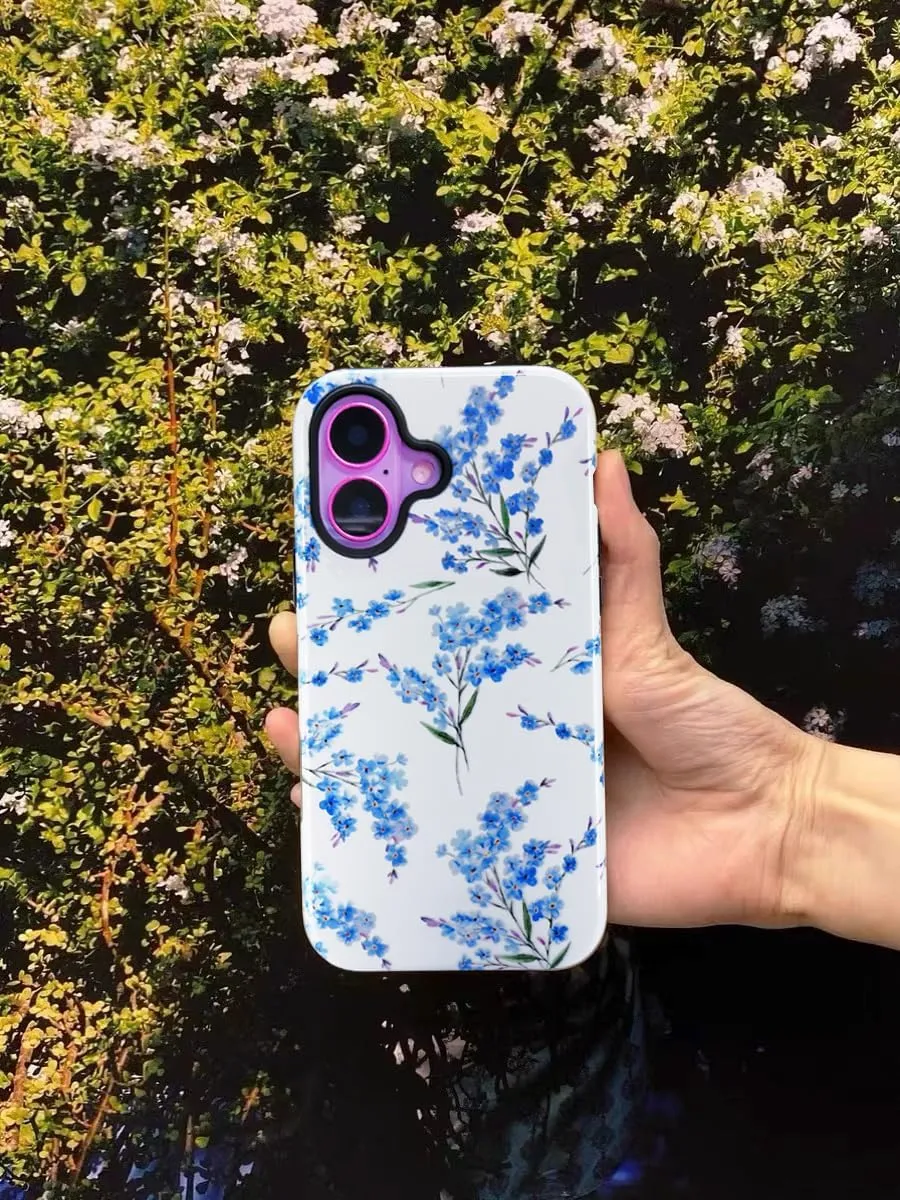 J.west for iPhone 16 Plus Case 6.7" with 2 Pack Tempered Glass Screen Protectors Cute Floral Flowers Hybrid Cover for Girls Women Aesthetic Protective Phone Cases Blue Blossom