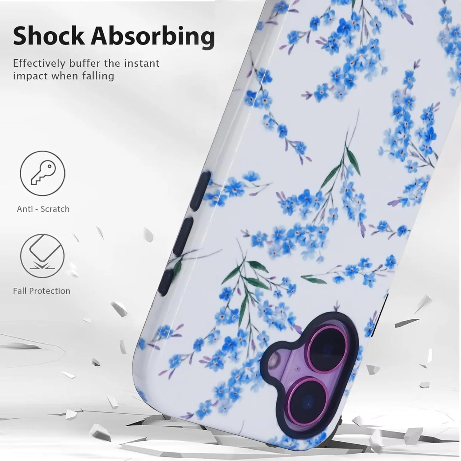 J.west for iPhone 16 Plus Case 6.7" with 2 Pack Tempered Glass Screen Protectors Cute Floral Flowers Hybrid Cover for Girls Women Aesthetic Protective Phone Cases Blue Blossom