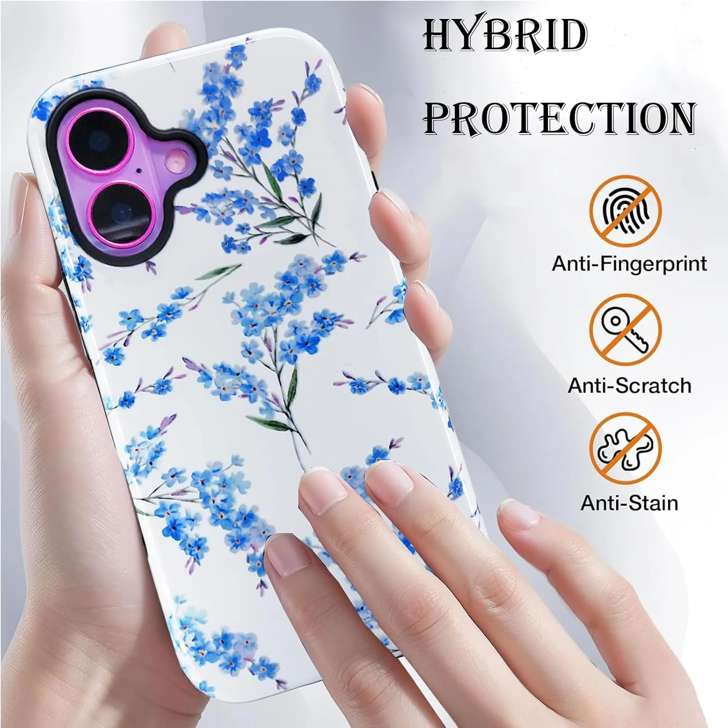 J.west for iPhone 16 Plus Case 6.7" with 2 Pack Tempered Glass Screen Protectors Cute Floral Flowers Hybrid Cover for Girls Women Aesthetic Protective Phone Cases Blue Blossom