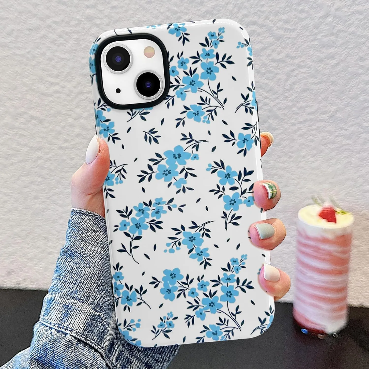 J.west for iPhone 16 Plus Case 6.7" with 2 Pack Tempered Glass Screen Protectors Cute Floral Flowers Hybrid Cover for Girls Women Aesthetic Protective Phone Cases Teal Blue