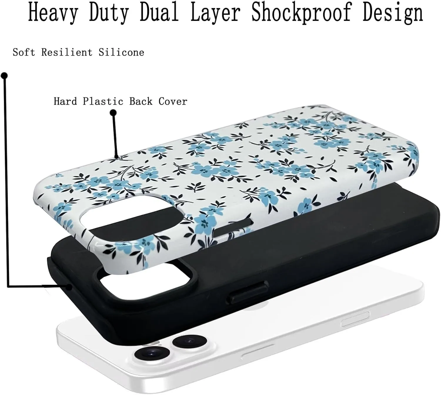 J.west for iPhone 16 Plus Case 6.7" with 2 Pack Tempered Glass Screen Protectors Cute Floral Flowers Hybrid Cover for Girls Women Aesthetic Protective Phone Cases Teal Blue