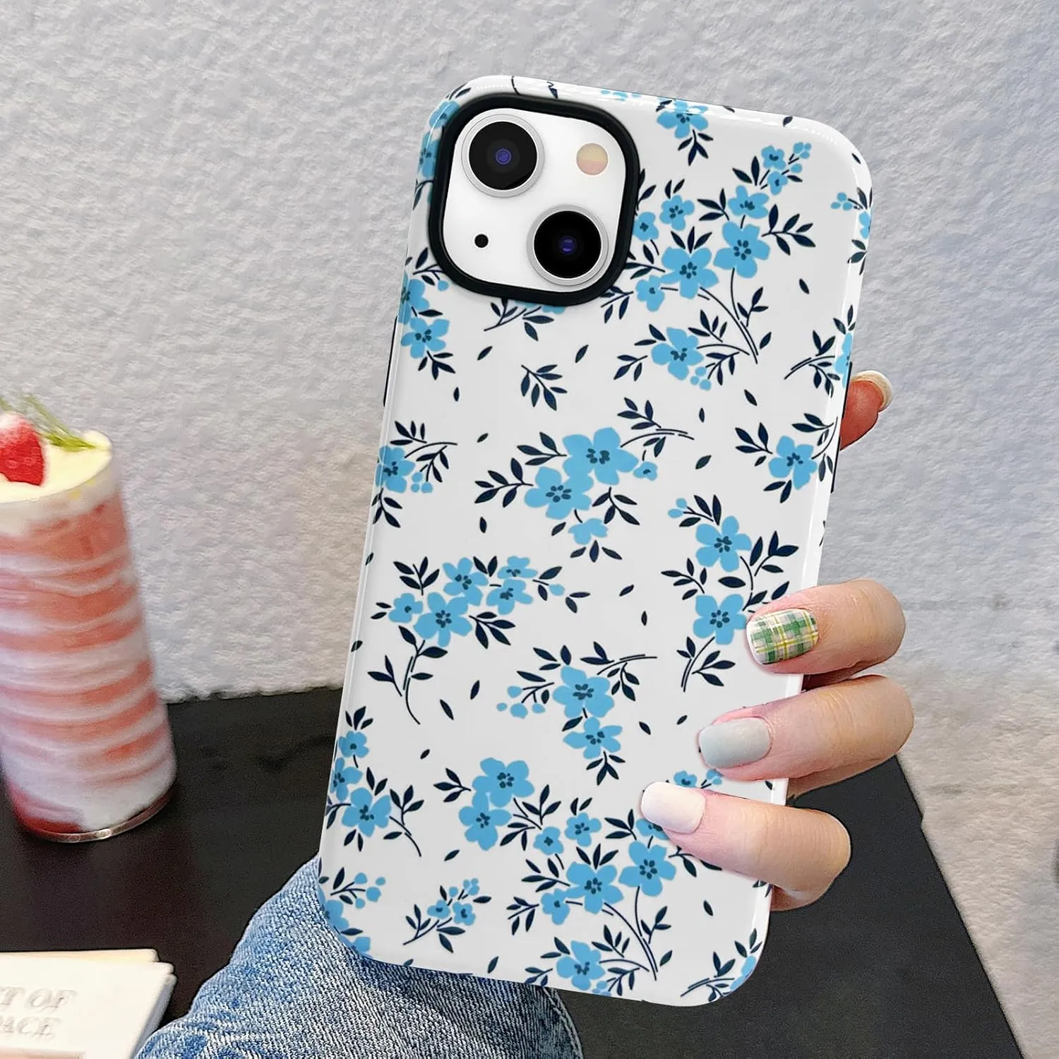 J.west for iPhone 16 Plus Case 6.7" with 2 Pack Tempered Glass Screen Protectors Cute Floral Flowers Hybrid Cover for Girls Women Aesthetic Protective Phone Cases Teal Blue