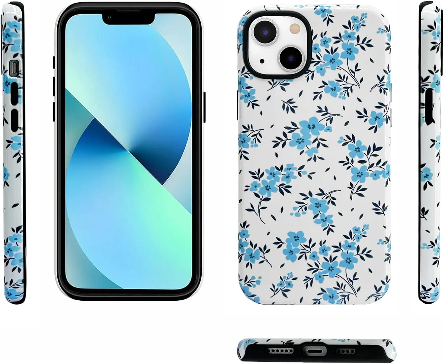 J.west for iPhone 16 Plus Case 6.7" with 2 Pack Tempered Glass Screen Protectors Cute Floral Flowers Hybrid Cover for Girls Women Aesthetic Protective Phone Cases Teal Blue