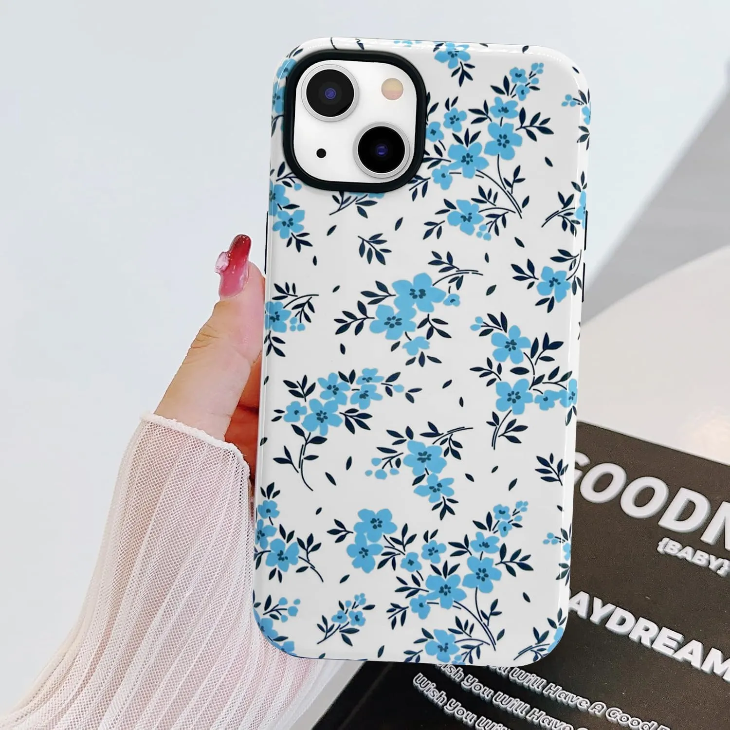 J.west for iPhone 16 Plus Case 6.7" with 2 Pack Tempered Glass Screen Protectors Cute Floral Flowers Hybrid Cover for Girls Women Aesthetic Protective Phone Cases Teal Blue