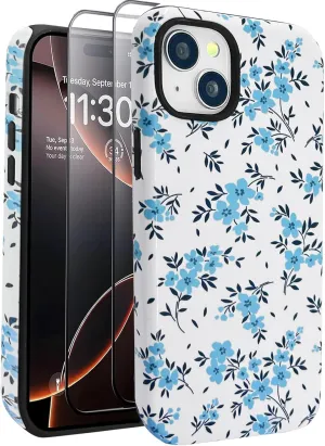 J.west for iPhone 16 Plus Case 6.7" with 2 Pack Tempered Glass Screen Protectors Cute Floral Flowers Hybrid Cover for Girls Women Aesthetic Protective Phone Cases Teal Blue