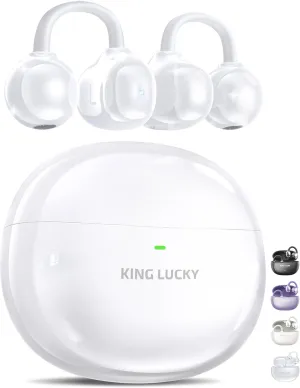 King Lucky Clip-on Earbuds, Open Ear Earbuds Wireless Bluetooth 5.4,Lightweight Open Ear Headphones with C-Shaped Bridge,Slim Hook,50H Battery,Waterproof, for Glasses Wearers and Workouts(Pure White)