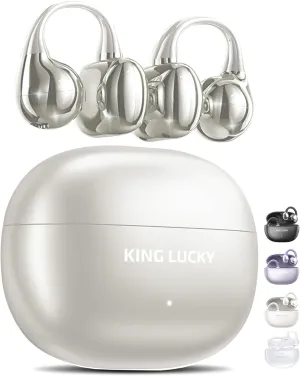 King Lucky Clip on Earbuds Open Ear Wireless Bluetooth 5.4 Headphones with Mic,50H Play,Noise Cancelling,Waterproof,Sports Ear Buds,Comfortable for Small Ears & Glasses Wearers,Workouts (Pearl White)