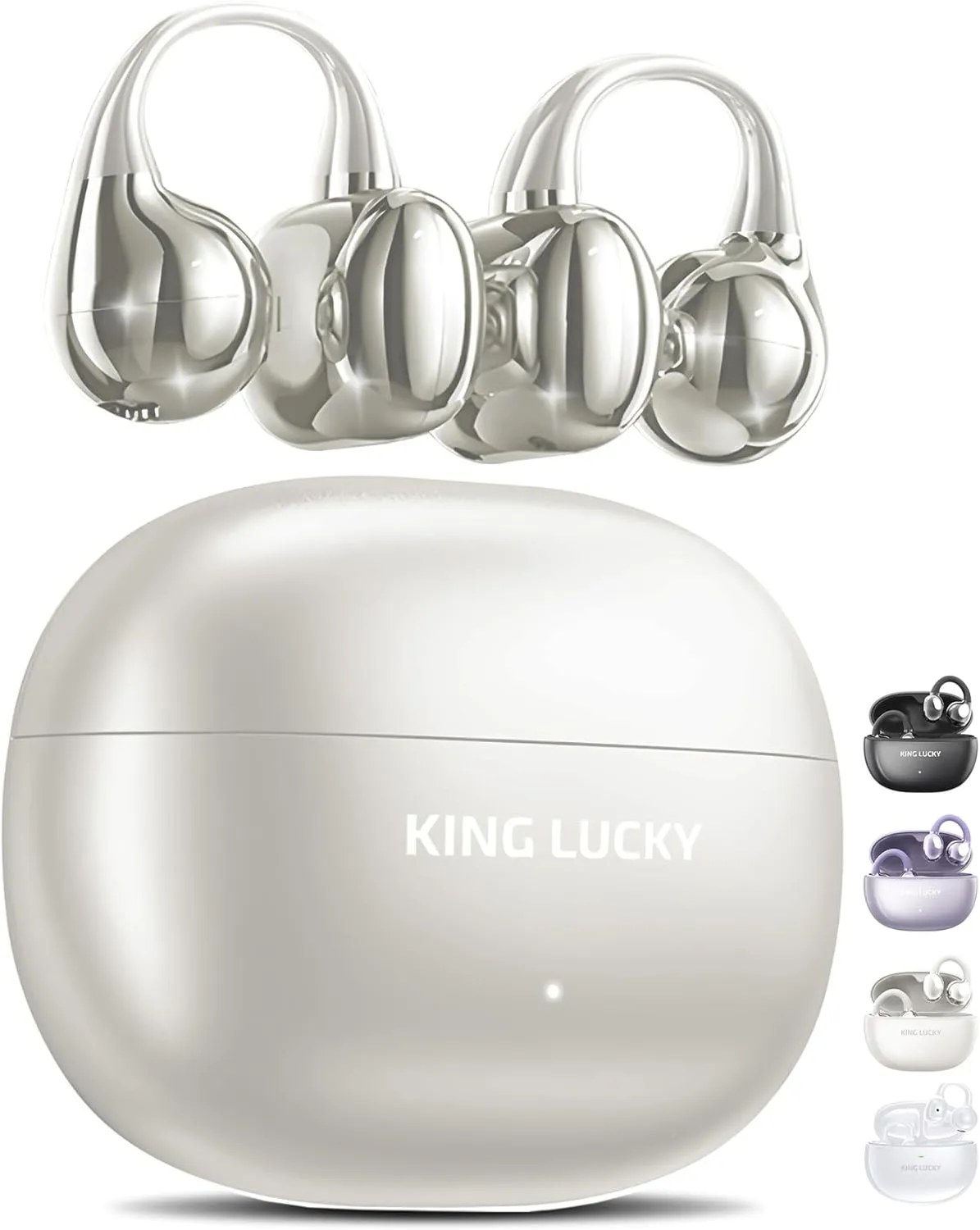 King Lucky Clip on Earbuds Open Ear Wireless Bluetooth 5.4 Headphones with Mic,50H Play,Noise Cancelling,Waterproof,Sports Ear Buds,Comfortable for Small Ears & Glasses Wearers,Workouts (Pearl White)