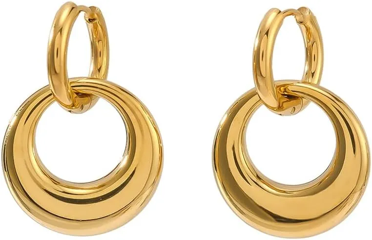 Kokoma Circle Dangle Drop Hoop Earrings for Women Stainless Steel Minimalist Geometric Hoops Dangling Earrings Statement Round Huggie Hinged Hoops Chunky Earrings