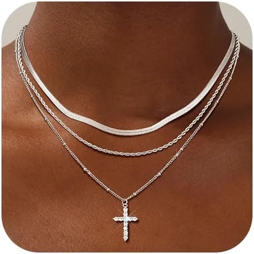KSF Gold Layered Cross Necklace for Women - 14K Gold Plated Layered Cross Cubic Zirconia Pendant Necklace for Women Trendy Stack Jewelry Gift